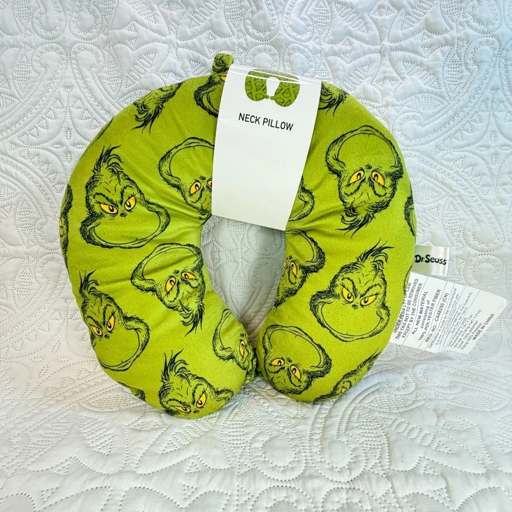 Dr. Seuss The Grinch Who Stole Christmas Green Big Face Neck Pillow Travel New